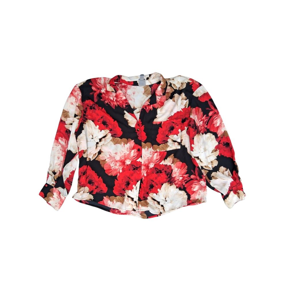 Worthington XXL Floral Button Down Blouse Top Red Black White Long Sleeve